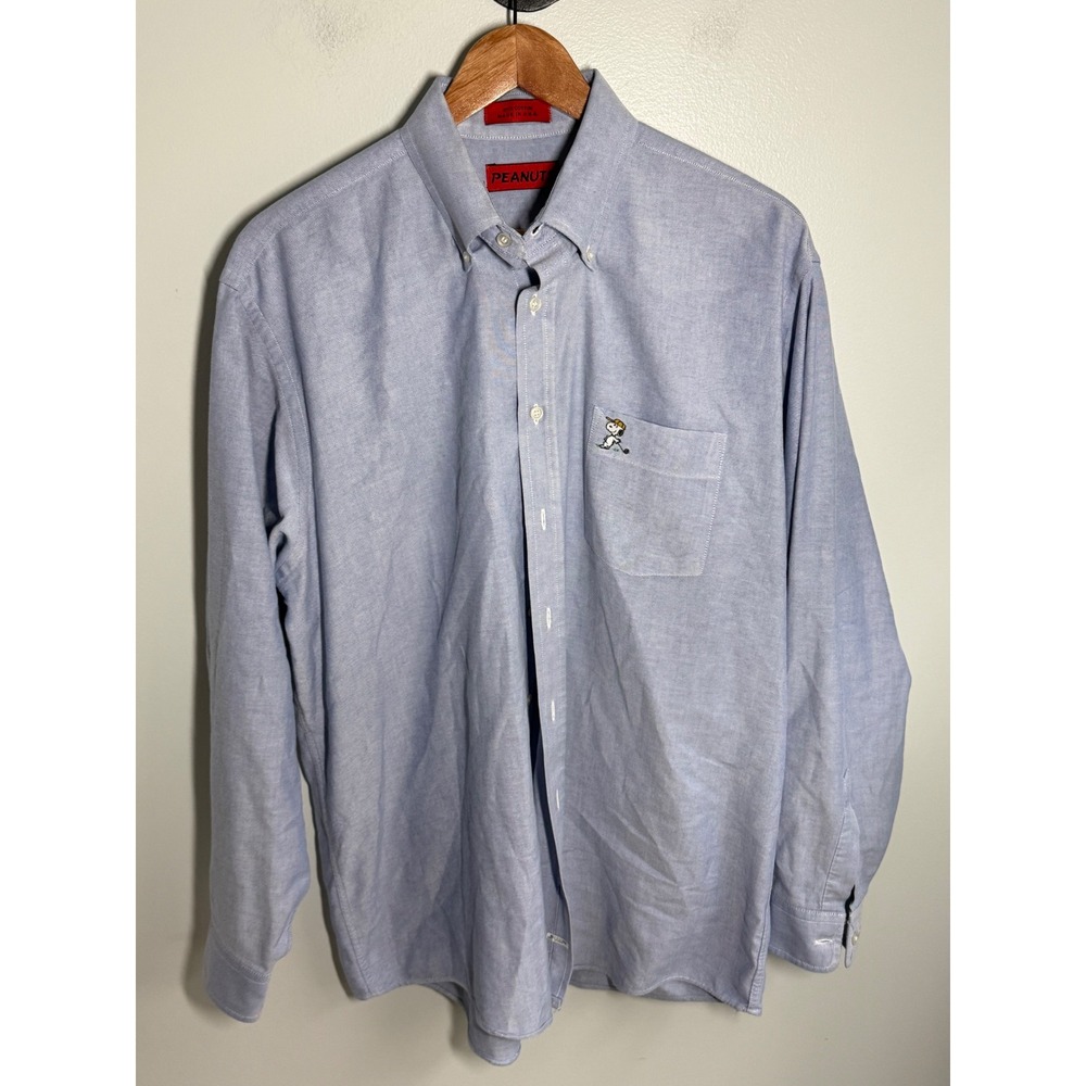 Peanuts Snoopy Golf Embroidered Oxford Shirt Mens 16.5 34/35 Blue Cotton USA